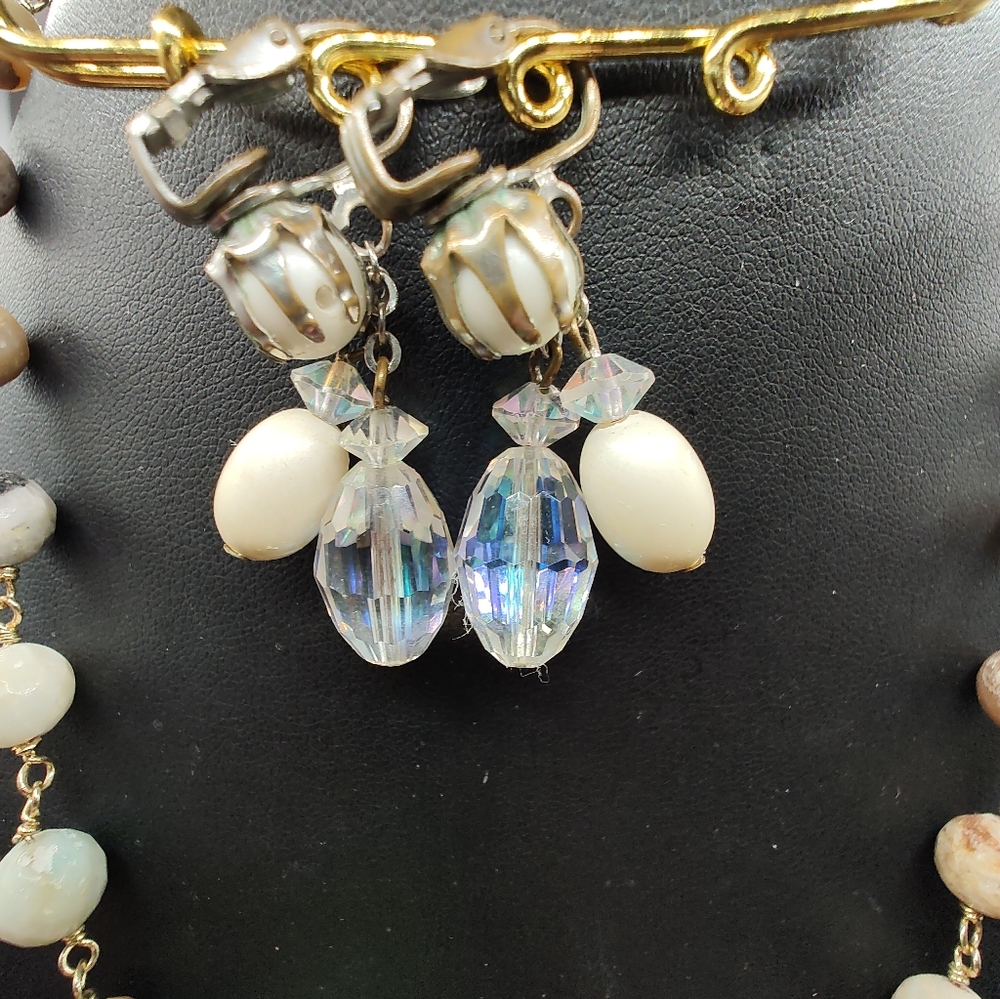 Vintage Gold Tone Chain Link Stone & Crystal Necklace Screw Back Crystal Earring - Picture 5 of 8